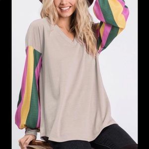 Mardi Gras Balloon Sleeve Taupe/Stripe Top - Sizes S, M, L - New with tags!